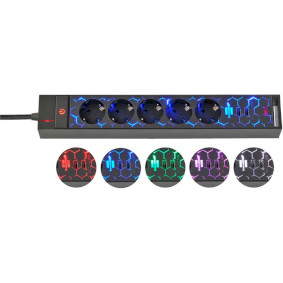 Gaming extension lead GSL 05 USB with LED lighting and colour-changing mode (5-way illuminated design extension lead for gaming set-up) TYPE F