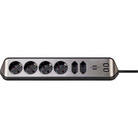 Bornier d'angle Estilo avec fonction de chargement USB 6 voies 4x prises de protection & 2x Euro noir/blanc