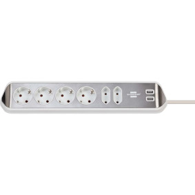 Estilo hoekaansluitdoosstrook met USB laadfunctie 6-weg 4x beschermende contactdozen & 2x Euro zilver/wit