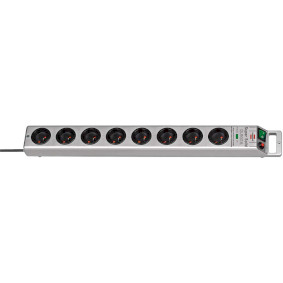 Zilverkleurige SUPER-SOLID stekkerdoos, 8 stopcontacten, met overspanningsbeveiliging, 16A stroomonderbreker en 2,5m kabel H05VV-F 3G1,5 (13.500A)