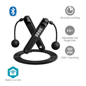 SmartLife Sports de Plein Air | Corde à sauter | Bluetooth | Dual Hall sensor | Affichage LED | PVC | 3.00 m | Balles sans fil / Sac de cordon | Noir