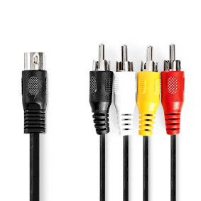 DIN Audio kabel | DIN 5-Pin Han | 4x RCA Hanstik | Nikkelplateret | 1.00 m | Runde | PVC | Sort | Label