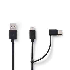 2 in 1 kaapeli | USB 2.0 | USB-A Uros | USB Micro-B Uros / USB-C™ Uros | 480 Mbps | 1.00 m | Niklattu | Pyöreä | PVC | Musta | Blister