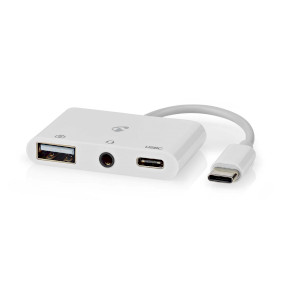 USB Többportos Adapter | USB 2.0 | USB-C™ Dugasz | USB-A Aljzat / USB-C™ Aljzat / 3.5 mm Aljzat | 480 Mbps | Kerek | Nikkelezett | PVC | Fehér | Doboz