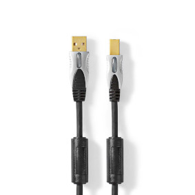 Cable USB | USB 2.0 | USB-A Macho | USB-B macho | 2.5 W | 480 Mbps | Chapado en oro | 5.00 m | Redondo | PVC | Antracita | Caja