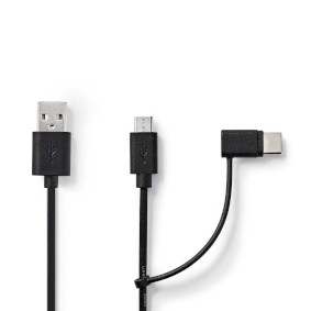 2 i en kabel | USB 2.0 | USB-A Han | USB Micro-B Han / USB-C™ Hann | 480 Mbps | 1.00 m | Nikkel belagt | Rund | PVC | Sort | Label