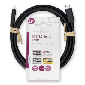 USB-Kabel | USB 3.2 Gen 2x2 | USB-C™ Male | USB-C™ Male | 100 W | 4K@60Hz | 20 Gbps | | 2.00 m | Rond | PVC | Zwart Label