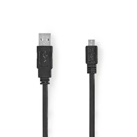 Cable USB | USB 2.0 | USB-A Macho | USB Micro-B Macho | 480 Mbps | Niquelado | 1.00 m | Plano | PVC | Negro | Bolsa Polybag