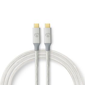 Cable USB | USB 3.2 Gen 2x2 | USB-C™ Macho | USB-C™ Macho | 100 W | 4K@60Hz | 20 Gbps | Chapado en oro | 2.00 m | Redondo | Nylon / Trenzado | Plata | Caja de ventana