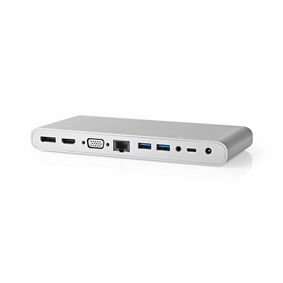 Station d'accueil USB | USB 3.2 Gen 1 | USB-C™ Mâle | DisplayPort femelle / HDMI™ Femelle / RJ45 Femelle / VGA Femelle 15p / 2x 3.5 mm Femelle / 2x USB-C™ / 4x USB-A | 0.20 m | Rond | Plaqué nickel | Nylon / Tressé | Blanc | Boite avec Fenêtre et Euro Lock