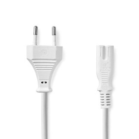 Power Cable | Euro Male | IEC-320-C7 | Straight | Straight | Nickel Plated | 3.00 m | Flat | PVC | White | Label