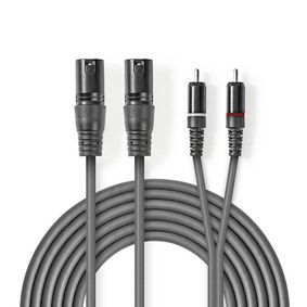 Câble Audio XLR Symétrique | 2x XLR 3-Pin Mâle | 2x RCA Male | Plaqué nickel | 3.00 m | Rond | PVC | Gris Foncé | Manchon en Carton