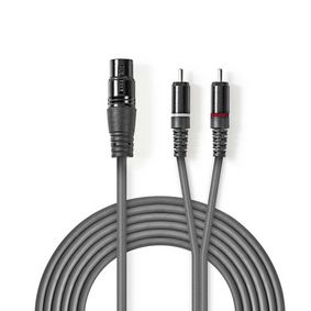 Vyvážený Audio kabel | XLR 3kolíková Zásuvka | 2x RCA Zástrčka | Poniklované | 3.00 m | Kulatý | PVC | Tmavě Šedá | Karton