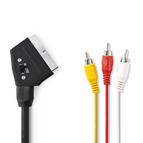SCART-kabel | SCART Han | 3x RCA Han | Nikkelplateret | Omskiftelig | 480p | 1.00 m | Runde | PVC | Sort | Plastikpose