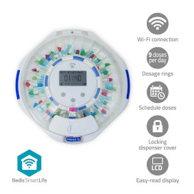 Dispensador de pastillas SmartLife | Wi-Fi | 28 Compartimentos | Número de horas de alarma: 9 tiempos de alarma por día | Bip / Luz / Voz | Pantalla LCD | Blanco