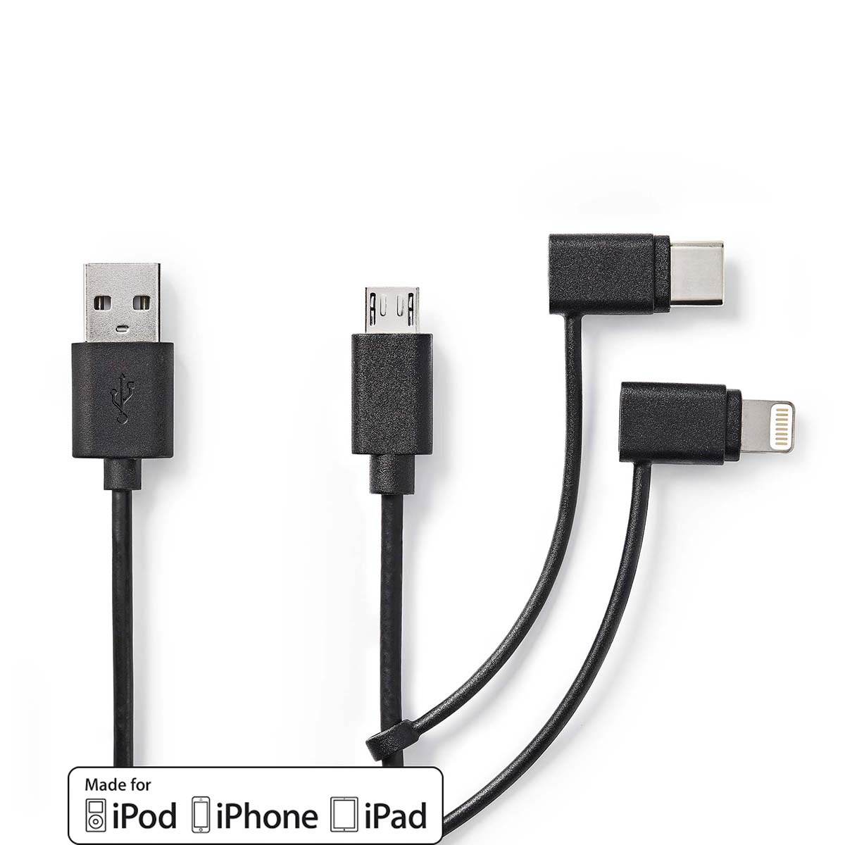 3-in-1 Cable | USB  | USB-A Male | Apple Lightning 8-Pin / USB Micro-B  Male / USB-C™ Male | 480 Mbps  m | Nickel Plated | Round | PVC |  Black | Polybag