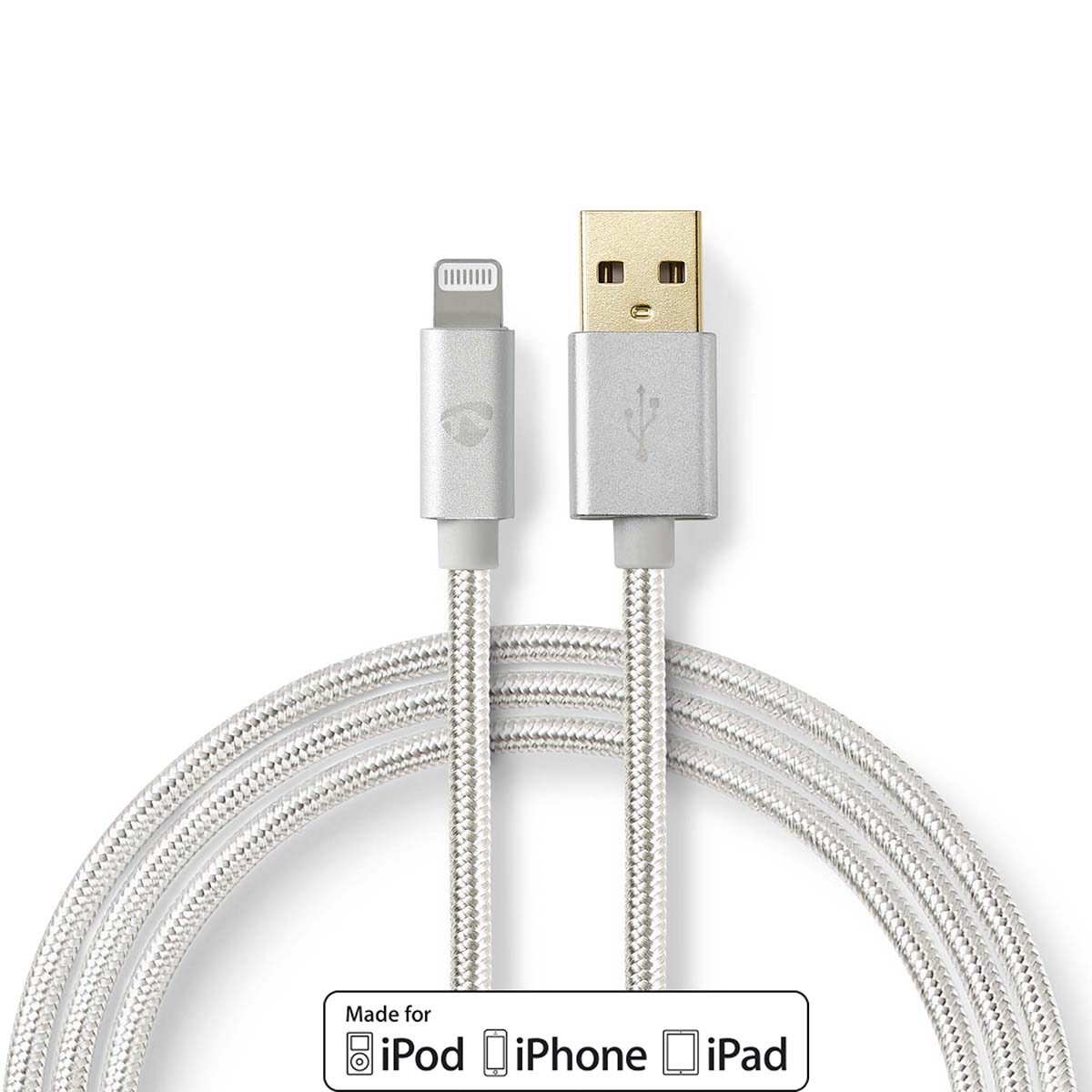 Lightning Cable, USB 2.0, Apple Lightning 8-Pin, USB-A Male, 480 Mbps, Gold Plated, 1.00 m, Round, Braided / Nylon, Aluminium