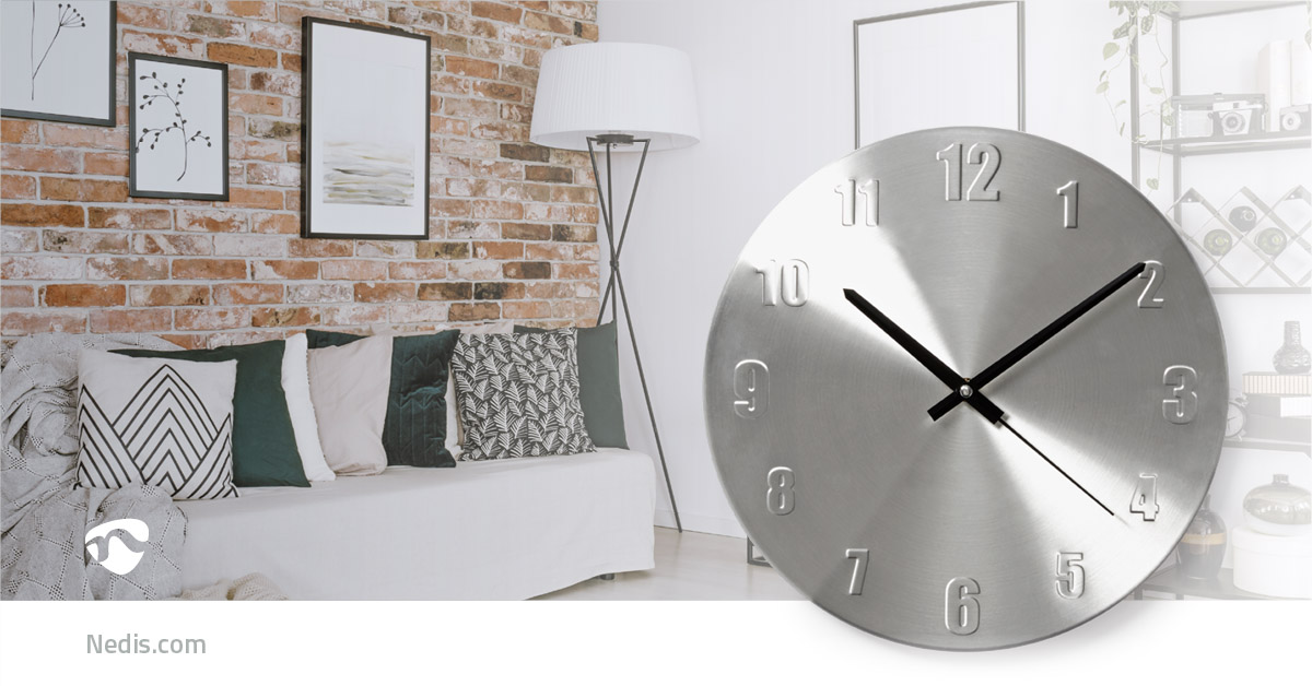Nedis Minimalist Wall Clock 30cm Diameter White & Silver Home Office Hotel 