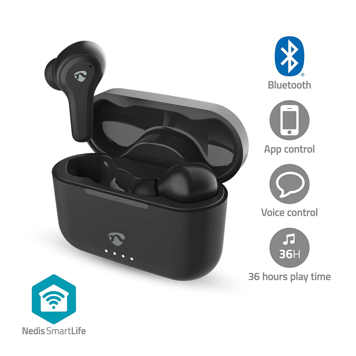 Fully Wireless Earphones Hybrid ENC ANC Bluetooth Maximum battery play time 36 hrs Touch Control Charging case Wireless charging case Built in microphone Voice control support Black