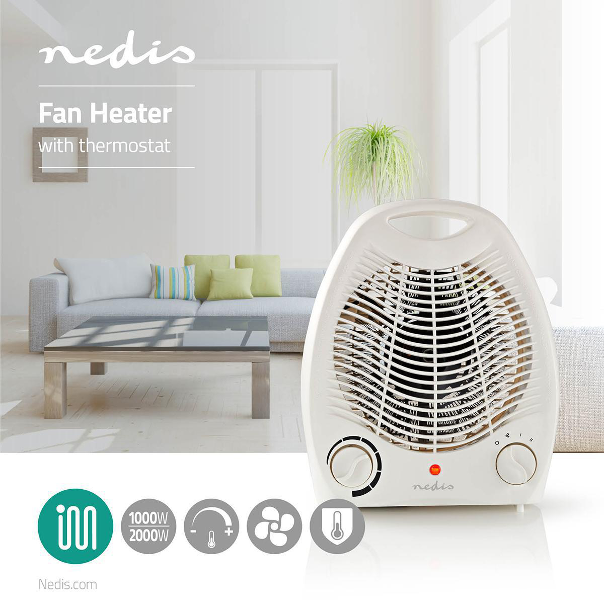 Fan Heater 1000 2000 W Adjustable Thermostat 2 Heat Settings Integrated Handles White Nedis