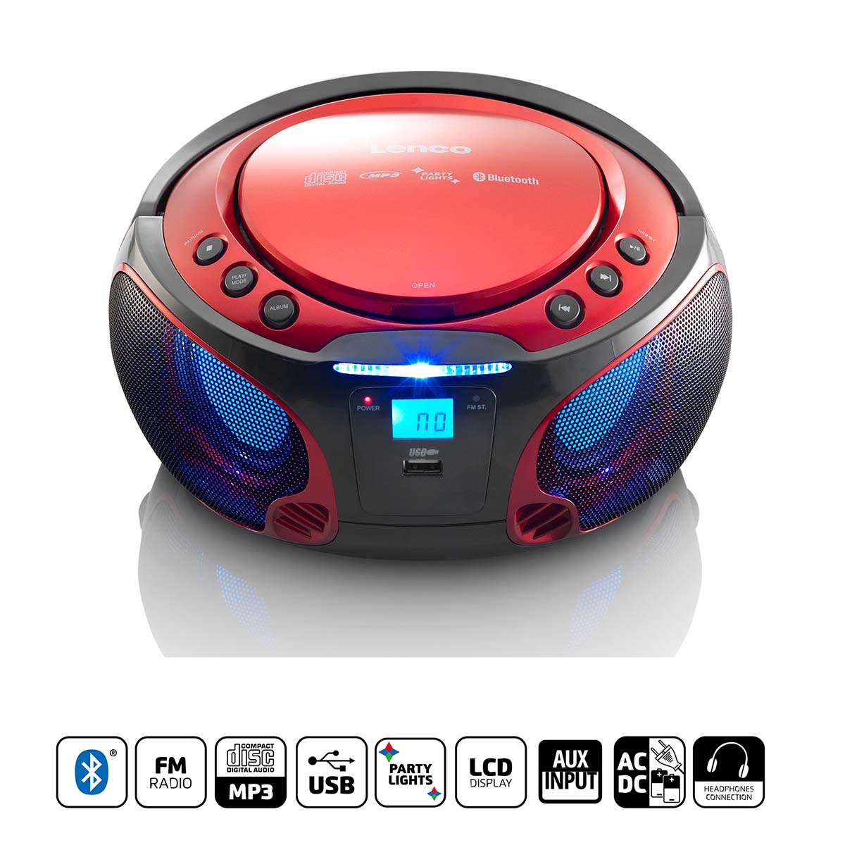 SCD-550RD Portable FM Radio CD/MP3/USB/Bluetooth® player with LED lighting  Red